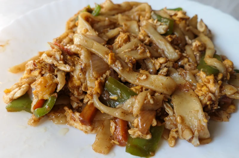 Home made Stir fried noodles with Eggs and Veg served n a white plate.